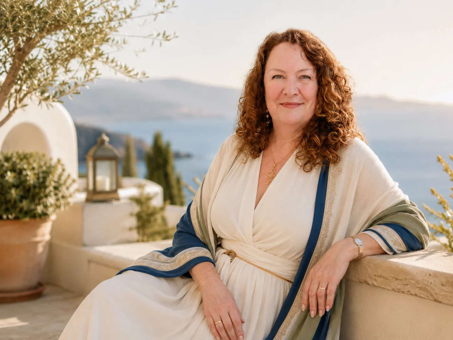 Jennifer Doody on a sunlit terrace above the sea